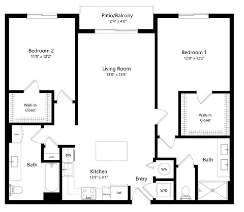Two Bedroom Floor Plan with 1,162 Sq. Ft. at Boca Vue Luxury Apartments in Boca Raton, FL